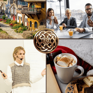 Collage: colorful houses, a business meeting, woman presenting practical insights and strategies, a Celtic knot, and a cozy mug of hot cocoa at the Smart Business Breakfast.